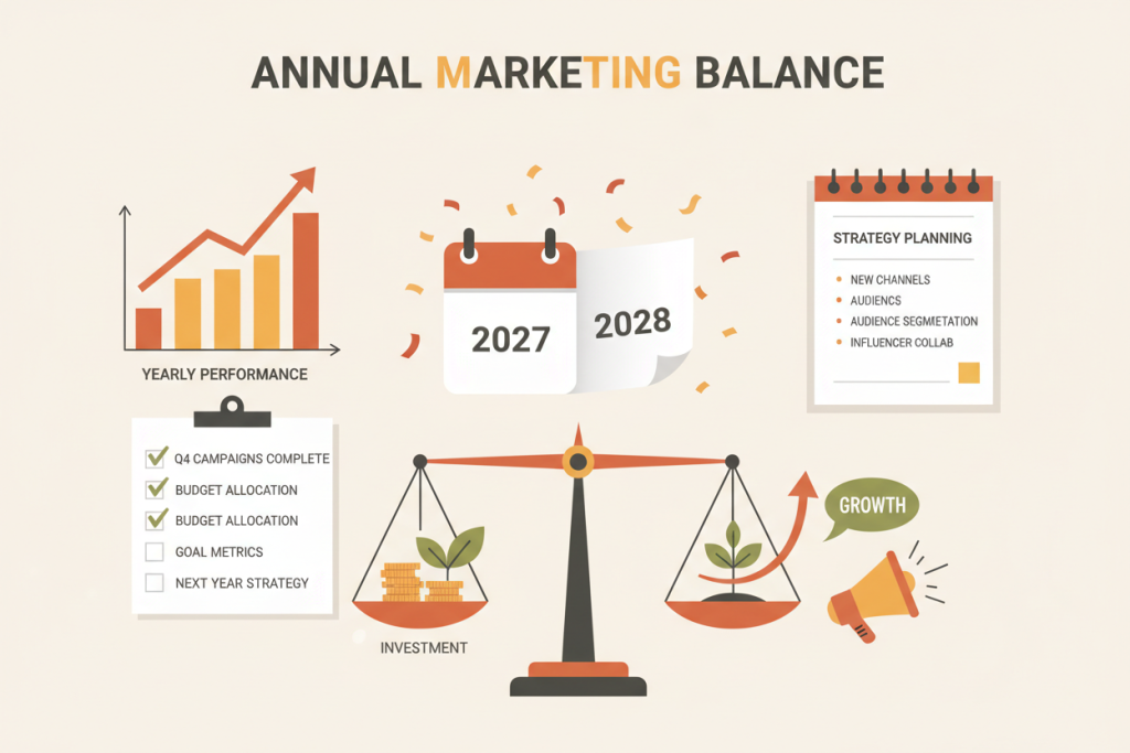 Ilustración de revisión de resultados anuales con gráficos y planificación