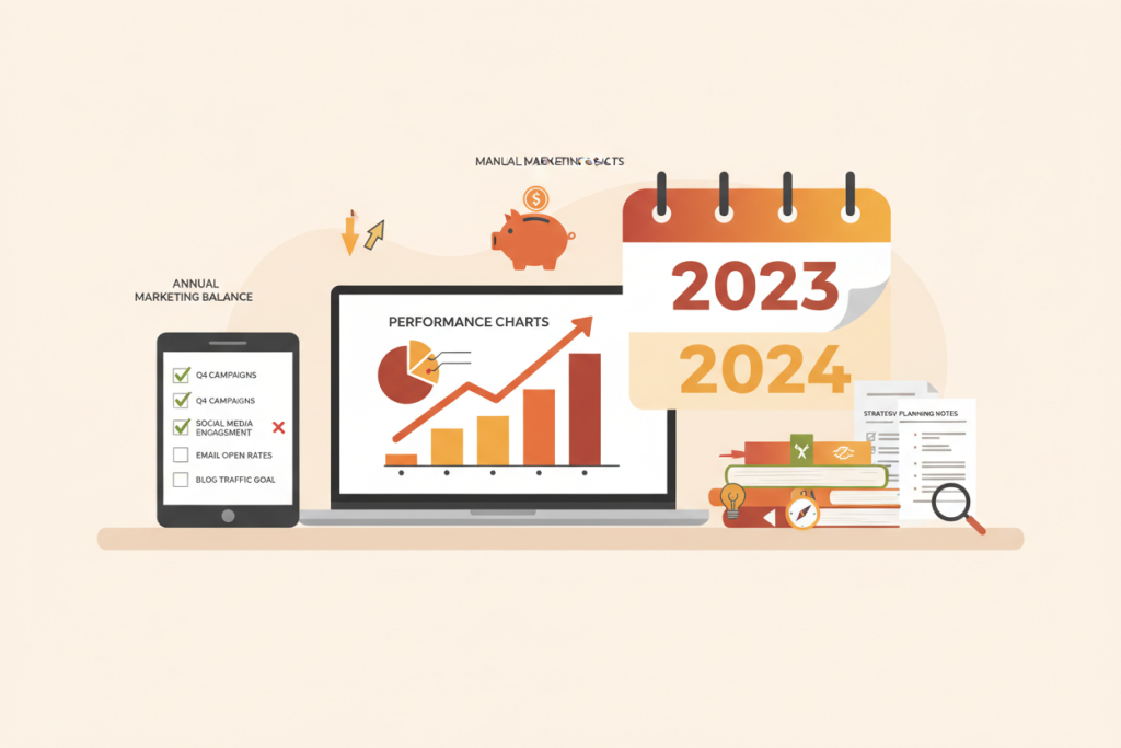 Ilustración de revisión de resultados anuales con gráficos, checklist y notas de planificación