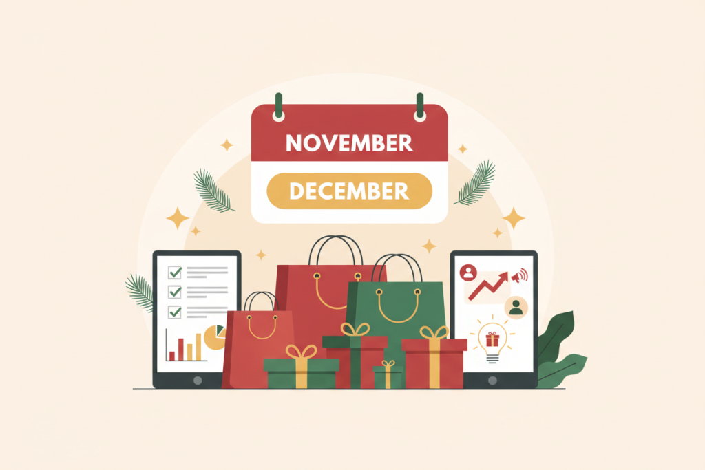 Ilustración de preparación de campaña estacional con calendario, bolsas de compra y checklist