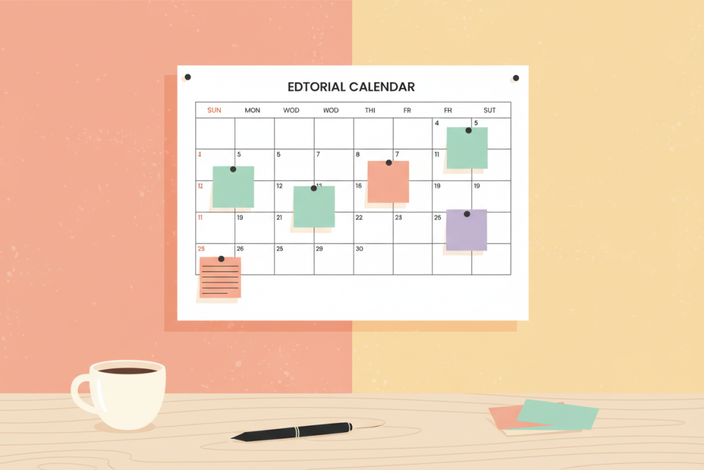 Ilustración de un calendario editorial con notas adhesivas y herramientas de planificación
