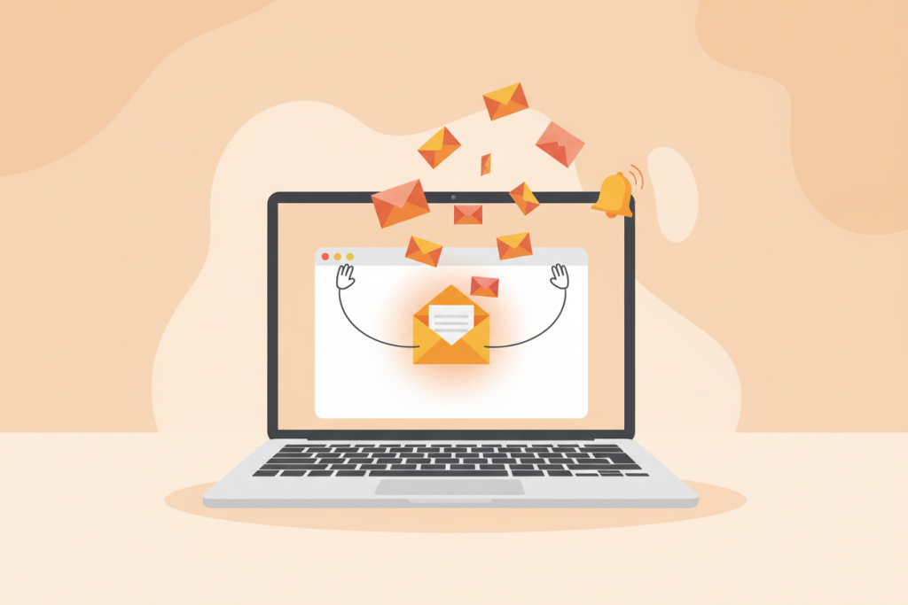 Ilustración de un portátil con bandeja de email y sobres flotantes