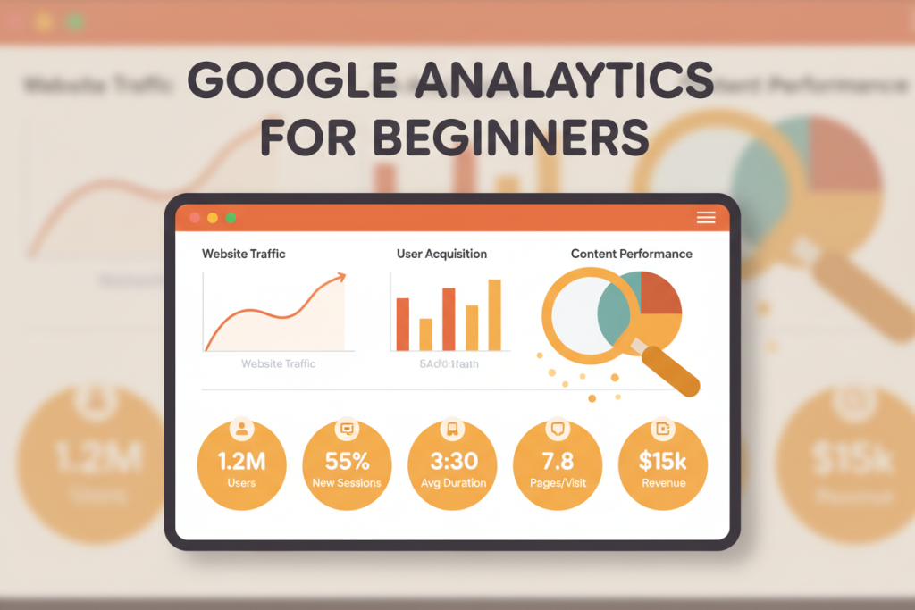 Ilustración de un panel de analytics con gráficos y métricas clave