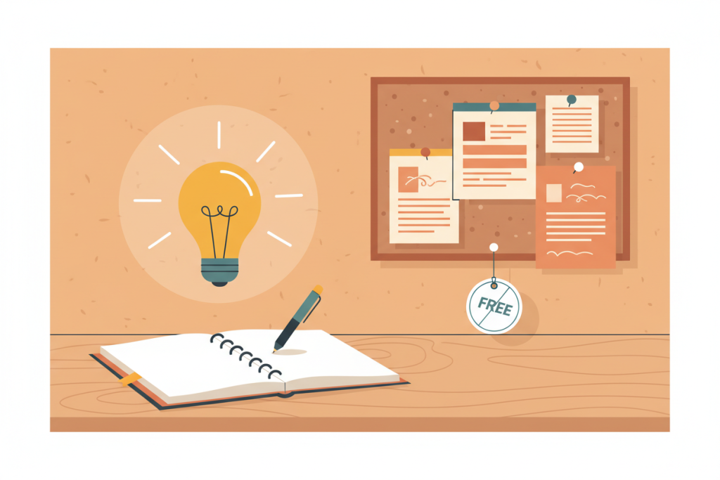 Ilustración de un espacio de trabajo creativo con cuaderno, bombilla de idea y etiqueta de coste cero