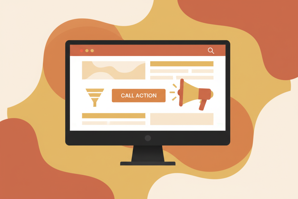 Ilustración de una landing page con botón de llamada a la acción y embudo de conversión