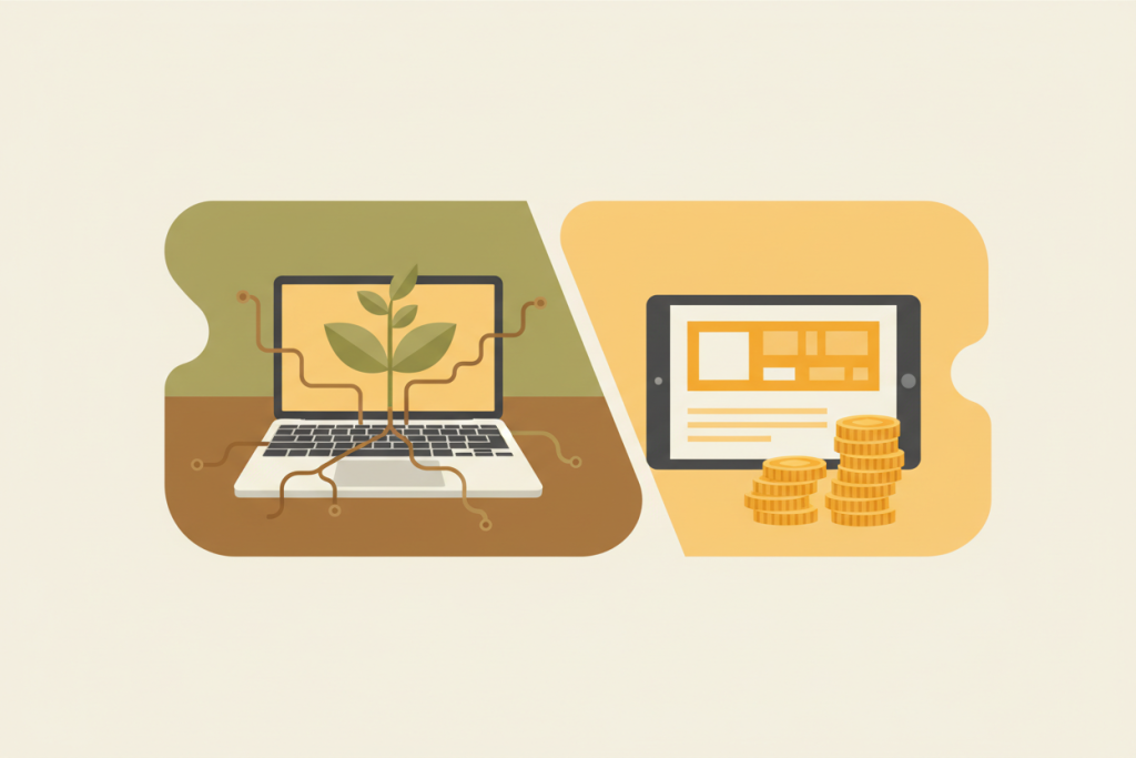 Ilustración de pantalla dividida entre crecimiento orgánico y publicidad de pago