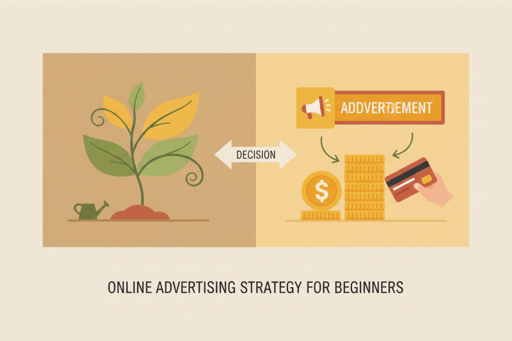 Ilustración de pantalla dividida entre crecimiento orgánico y publicidad de pago