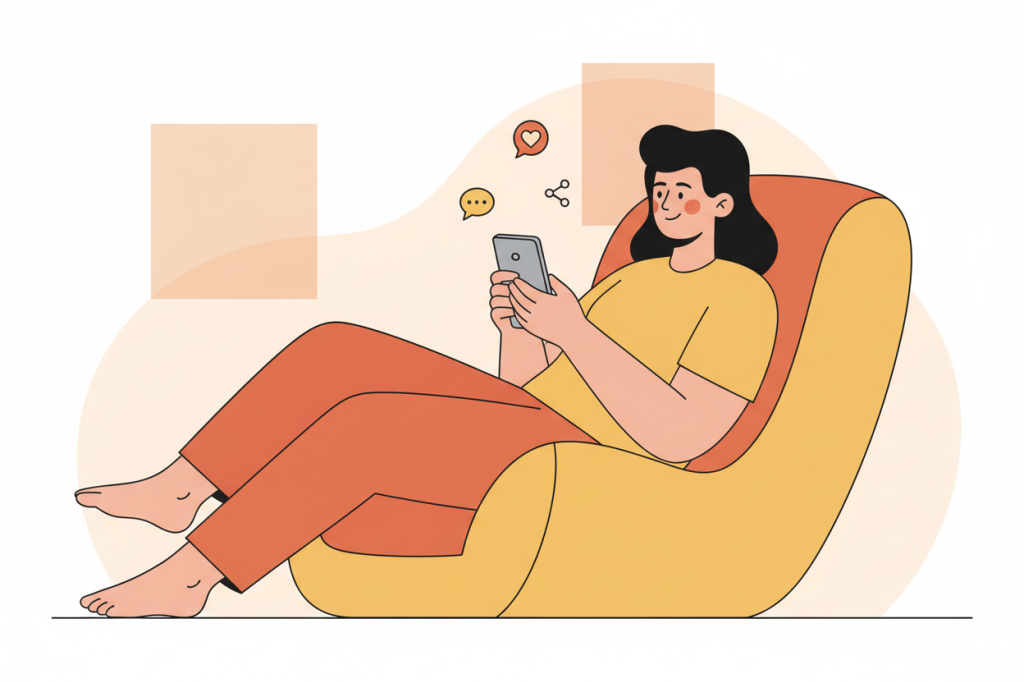 Ilustración de una persona relajada gestionando redes sociales desde el móvil
