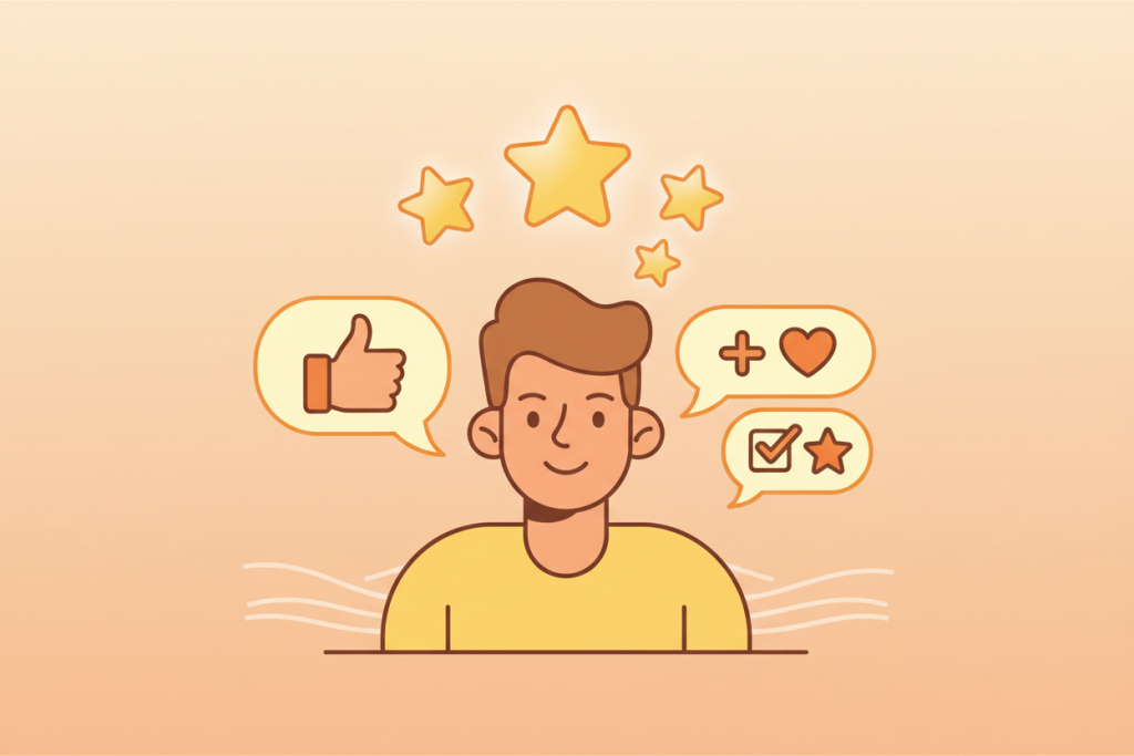 Ilustración de estrellas de reseña doradas y un cliente satisfecho con pulgar arriba