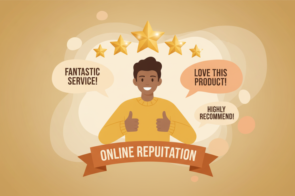 Ilustración de estrellas de reseña doradas y un cliente satisfecho