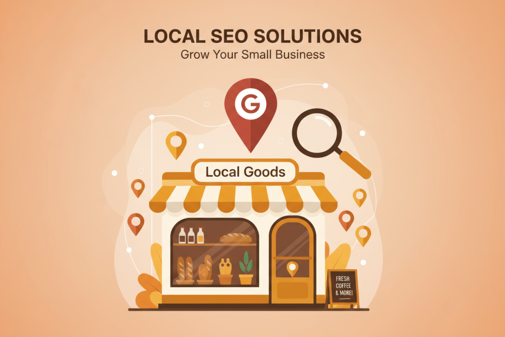 Ilustración de una tienda local con icono de Google Maps y marcadores de ubicación