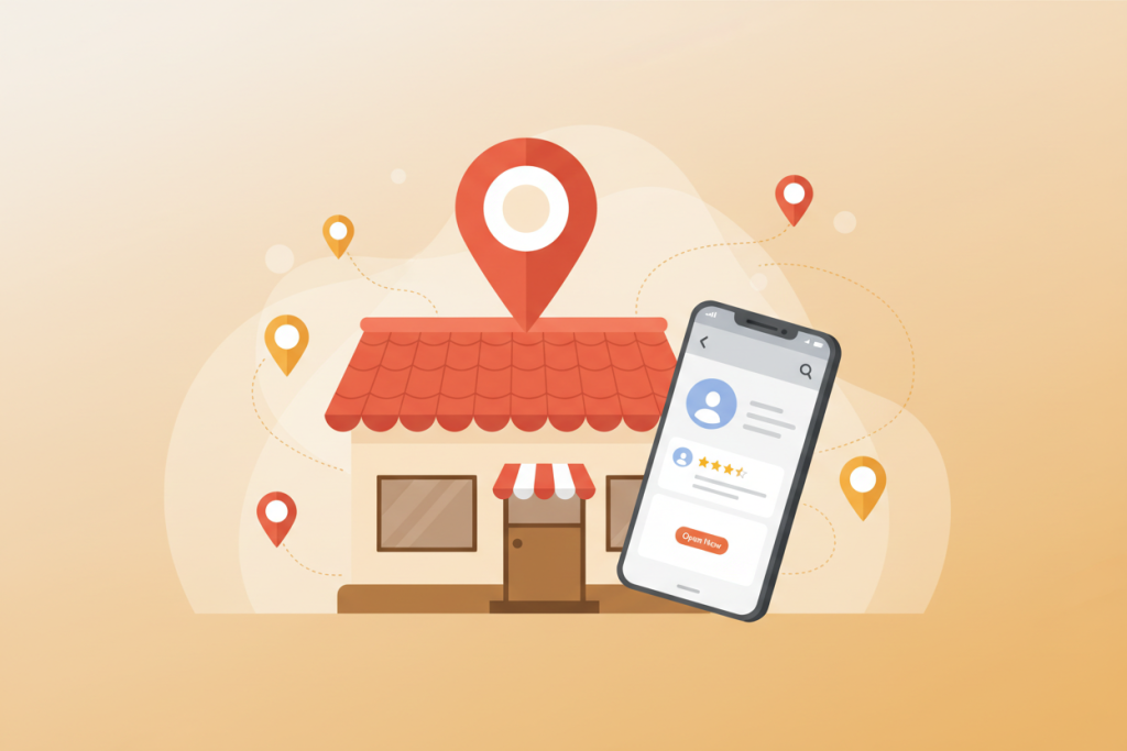 Ilustración de una tienda local con icono de ubicación y ficha de Google Business