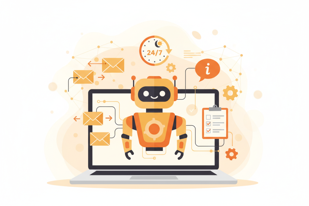 Ilustración de un sitio web funcionando como asistente automático con flujos de email y chatbot